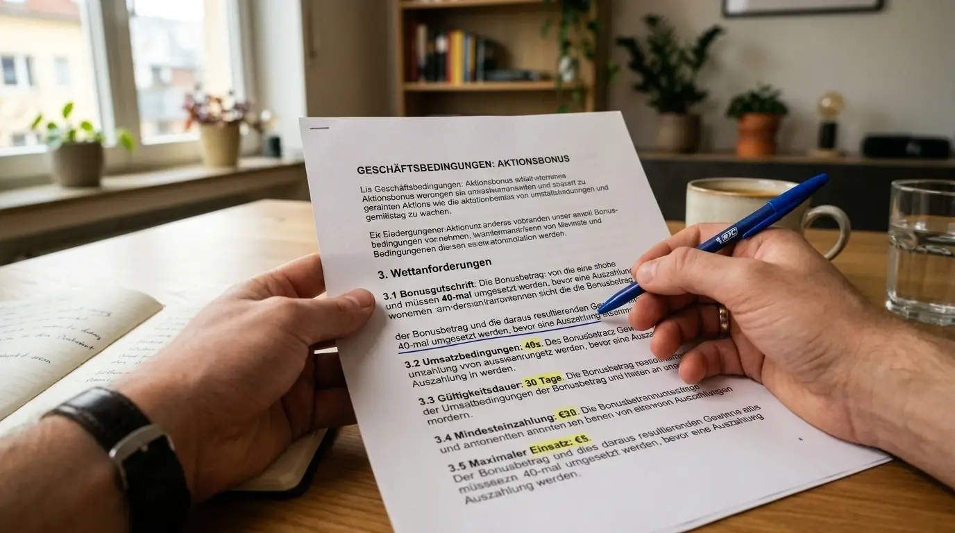 Taschenrechner auf aufgeräumtem Schreibtisch neben gedrucktem Bonusbedingungen-Dokument, Stift markiert Umsatzanforderungen, natürliches Fensterlicht