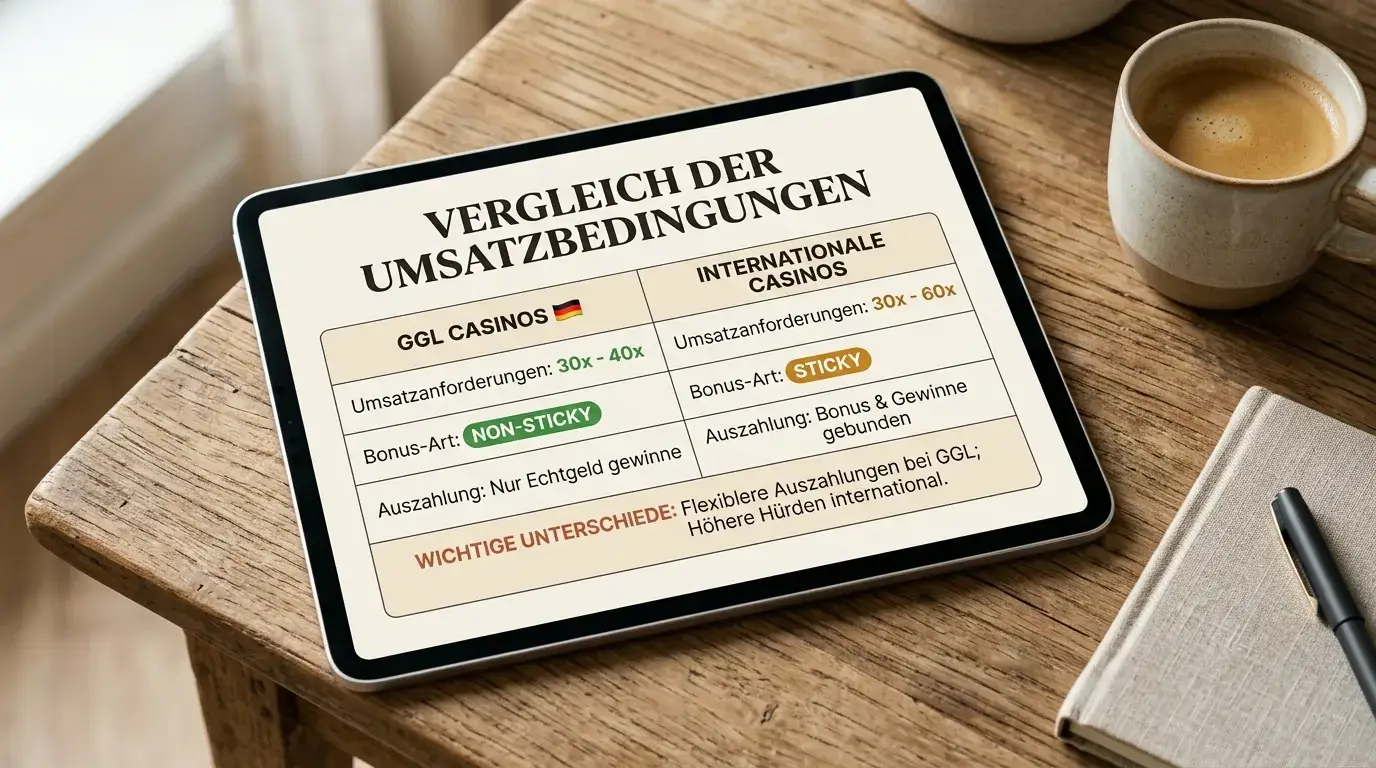 Umsatzbedingungen Vergleichstabelle auf Tablet-Screen