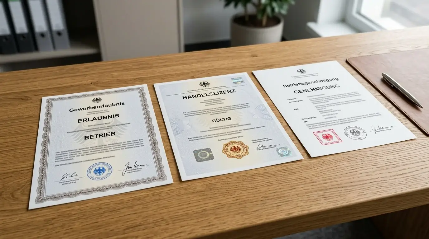 Drei verschiedene Lizenzdokumente nebeneinander auf einem Tisch