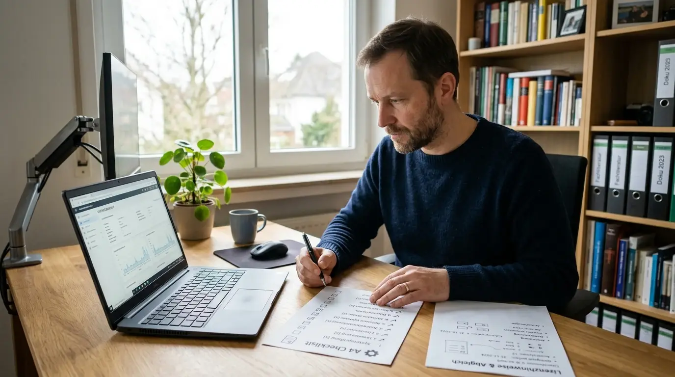 Person prüft eine sachliche Entscheidungsliste am Laptop