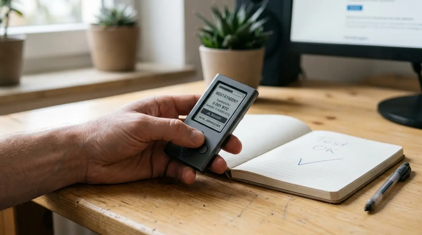 Kleiner Testtransfer mit notierter Transaktions-ID und Wallet-Hinweisen