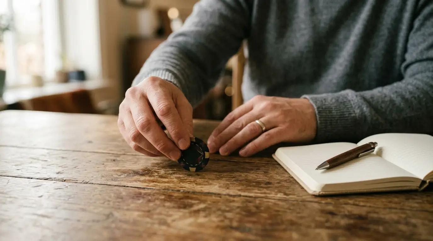 Hände legen ruhig einen einzelnen abstrakten Chip auf einen Holztisch, daneben ein kleines Notizbuch und ein Stift
