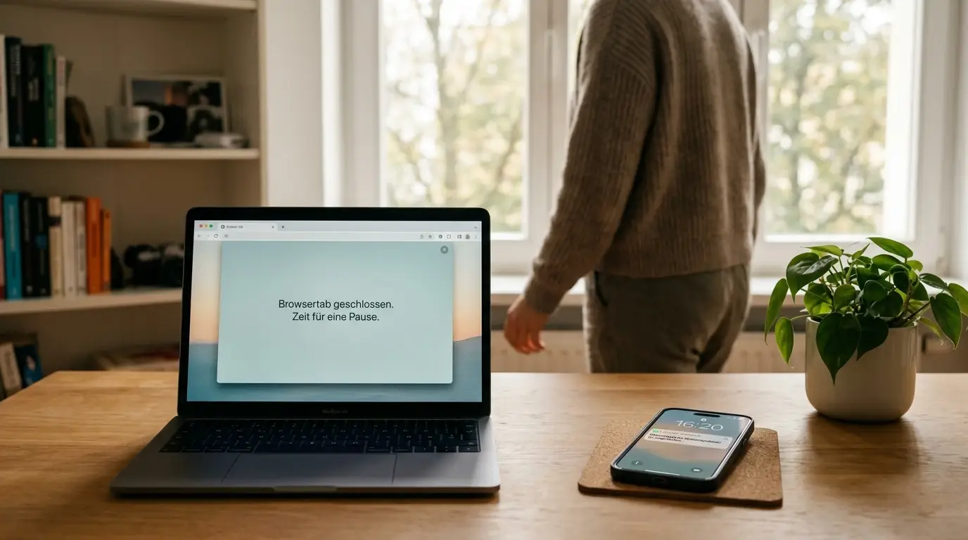 Person die sich vom Laptop zurückzieht mit Zeitlimit-Benachrichtigung auf dem Smartphone