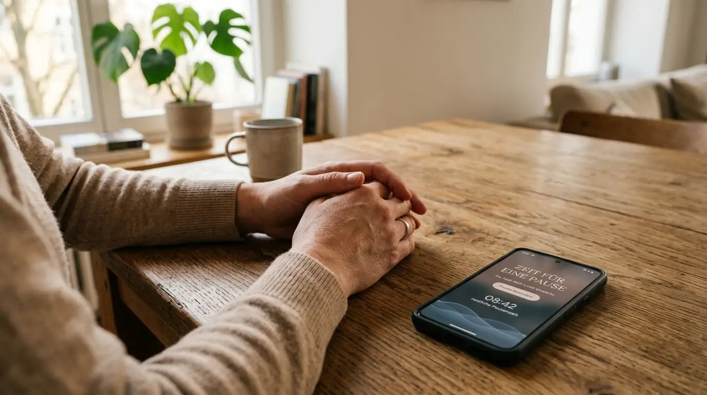 Ruhende Hände auf einem Holztisch neben Smartphone mit Limit-Einstellungen