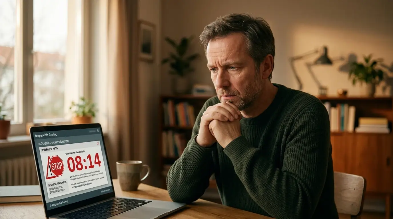 Person mit besorgtem Gesichtsausdruck vor Laptop zeigt Responsible-Gambling-Symbol