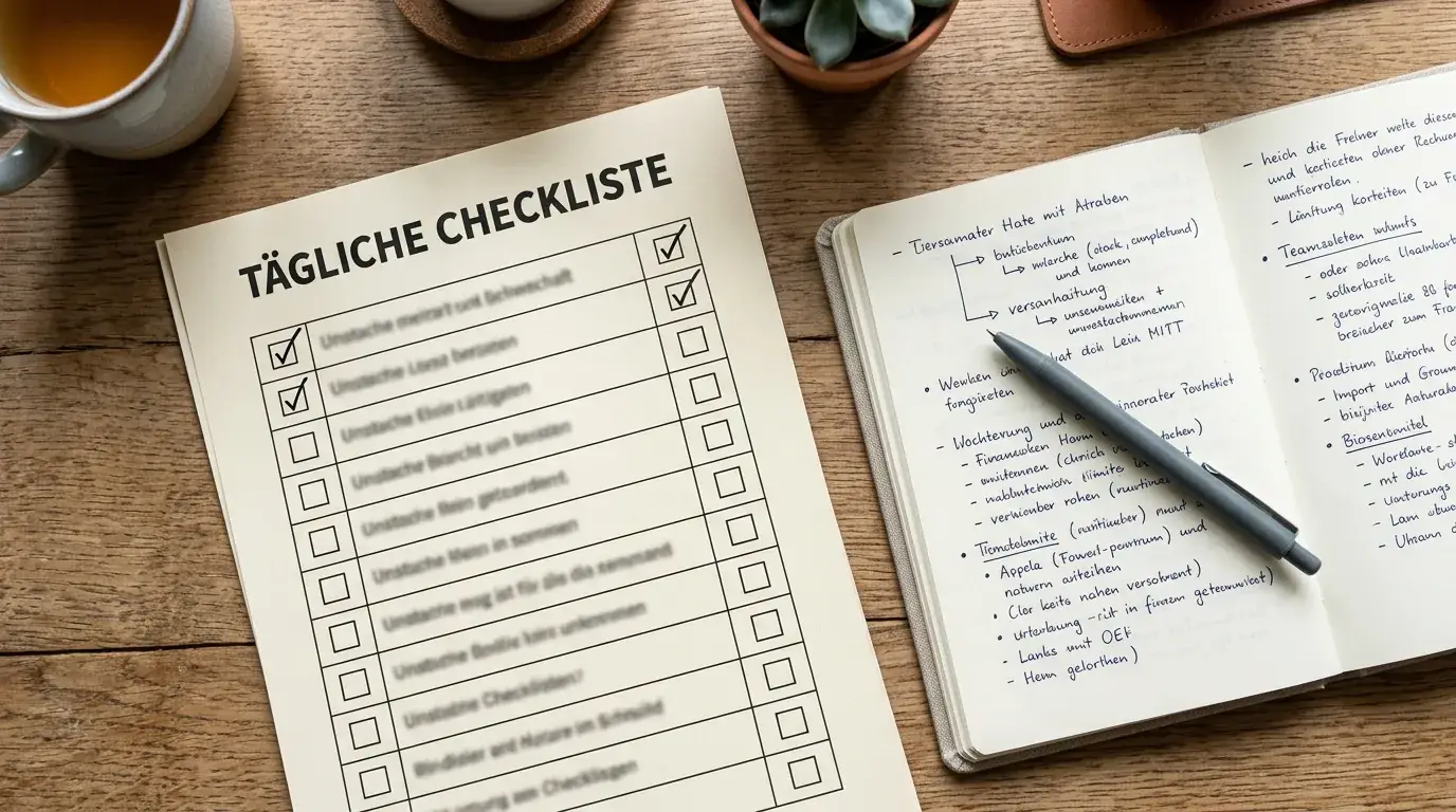 Ausgedruckter Prüfbogen mit abgehakten Kriterien neben aufgeschlagenem Notizbuch