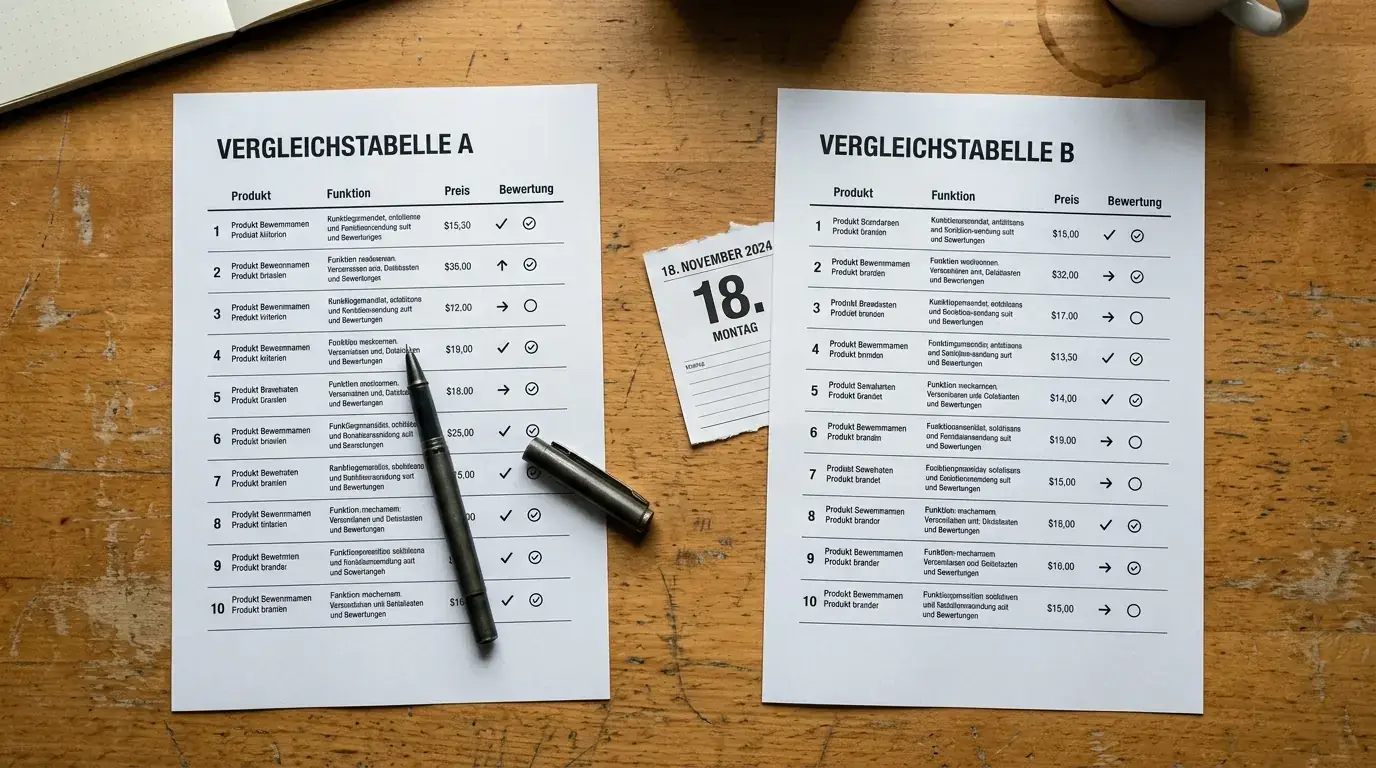 Zwei widersprüchliche Vergleichstabellen nebeneinander, dazwischen ein Kalenderblatt