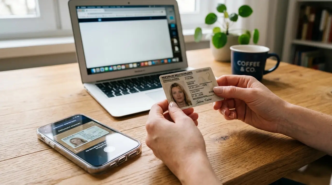 Hände halten Pass über Schreibtisch, Smartphone daneben für Upload