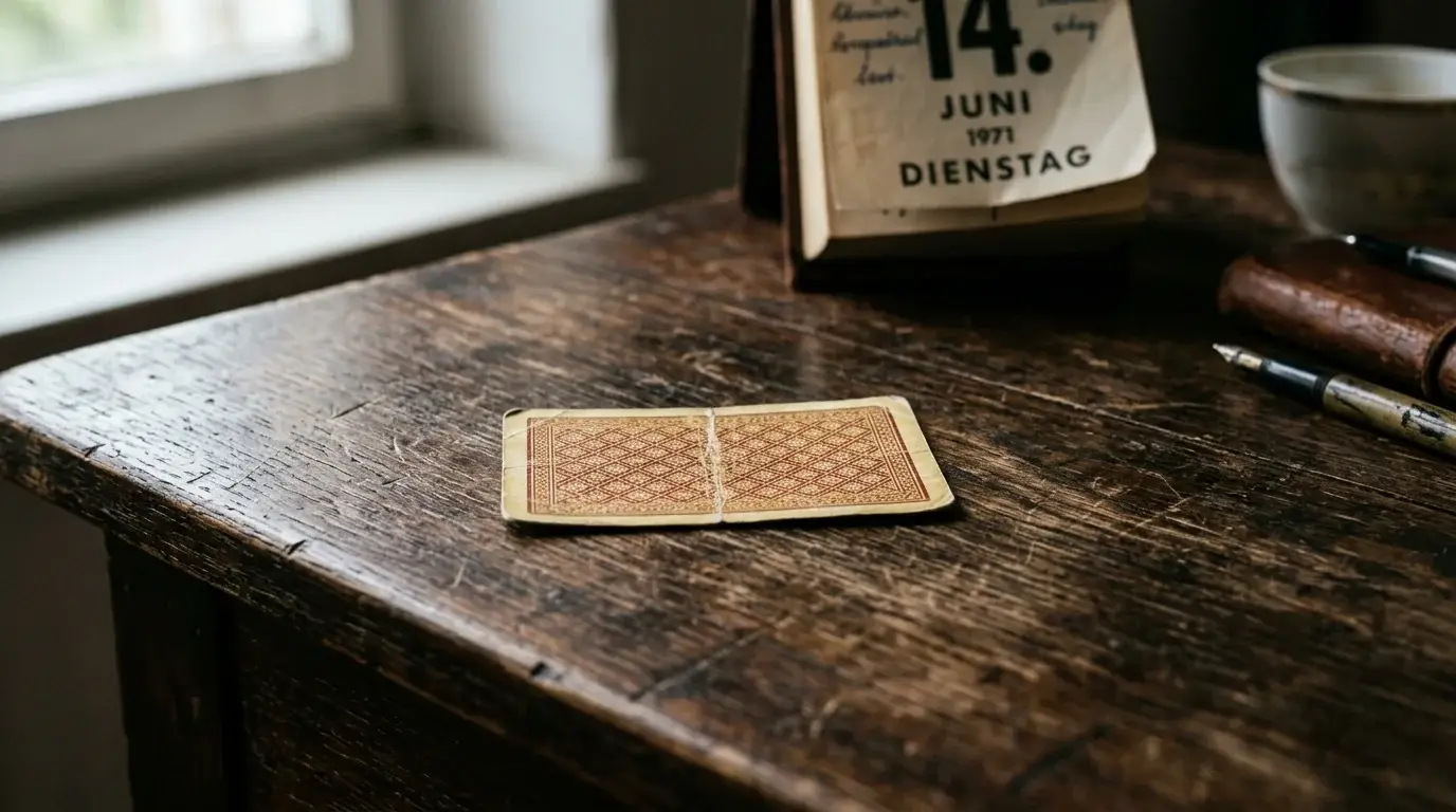 Gestrichene Spielkarte auf dunklem Holztisch mit Kalender im Hintergrund, symbolisch für verschwundene Angebote