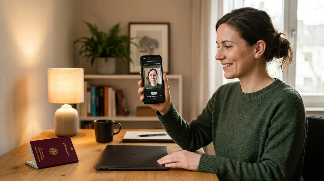 Smartphone-Bildschirm zeigt VideoIdent-Prozess mit Personalausweis vor Kamera