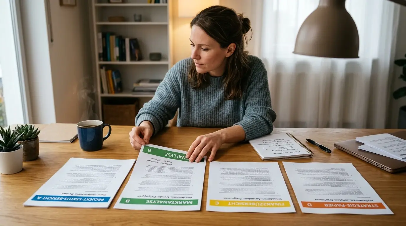 Person vergleicht vier verschiedene Dokumente auf einem Schreibtisch mit Notizen