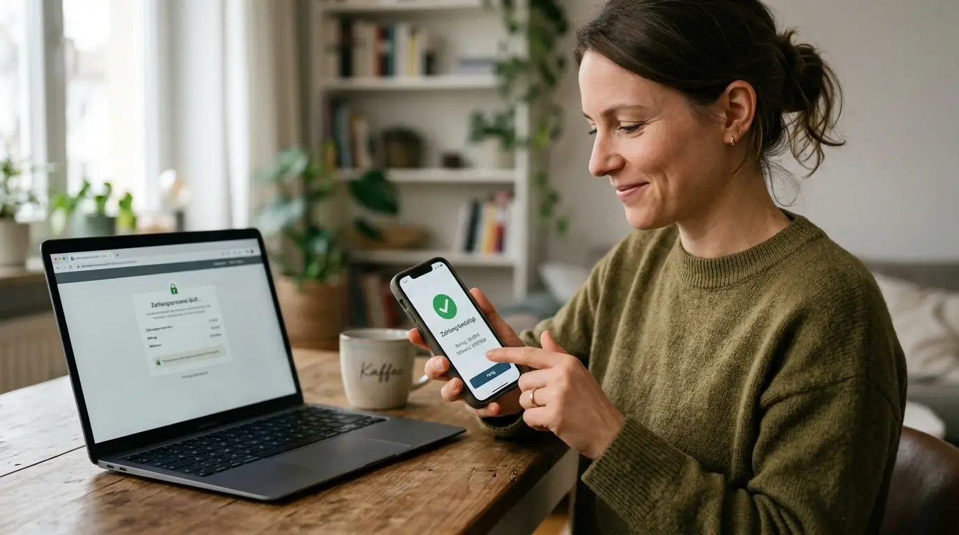 Person bestätigt eine sichere Kartenzahlung am Smartphone