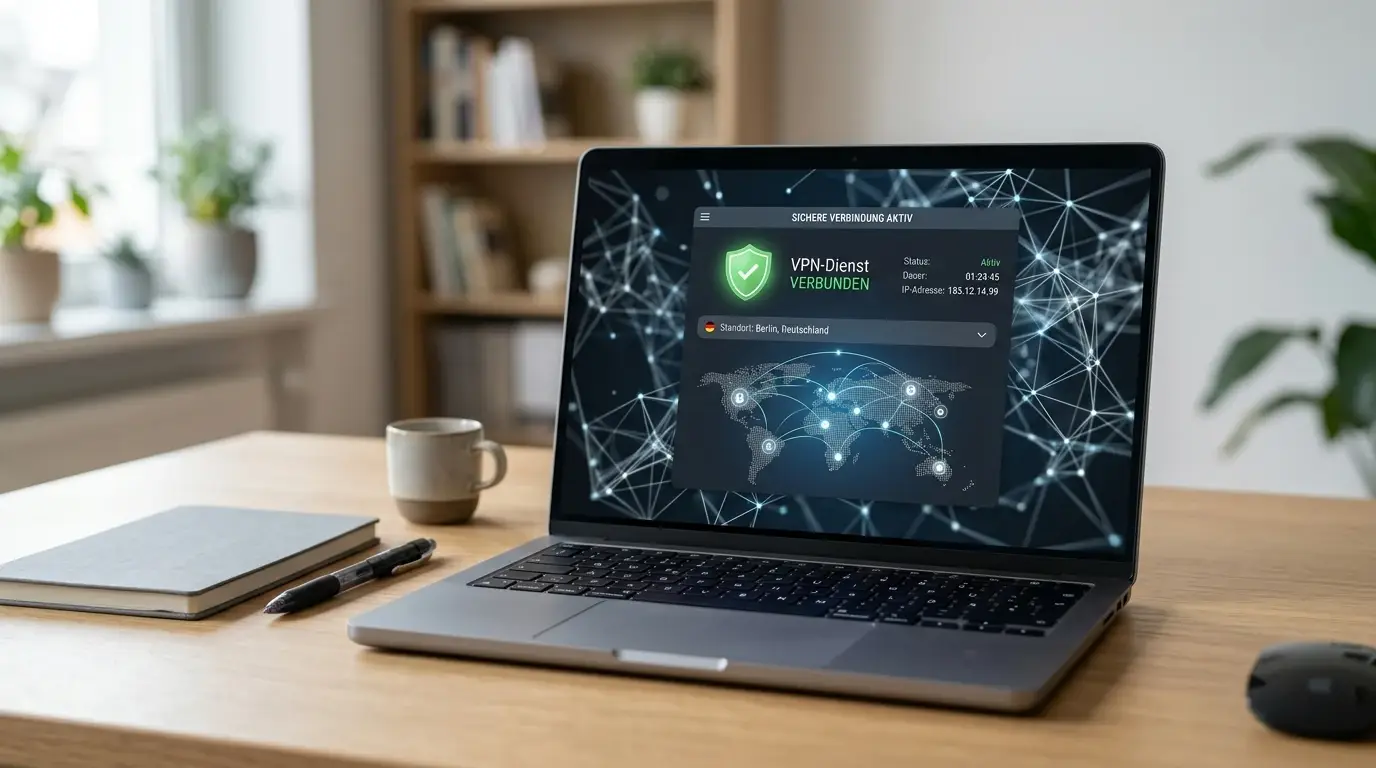 Notebook mit geöffnetem VPN-Client und neutralen Netzwerk-Symbolen