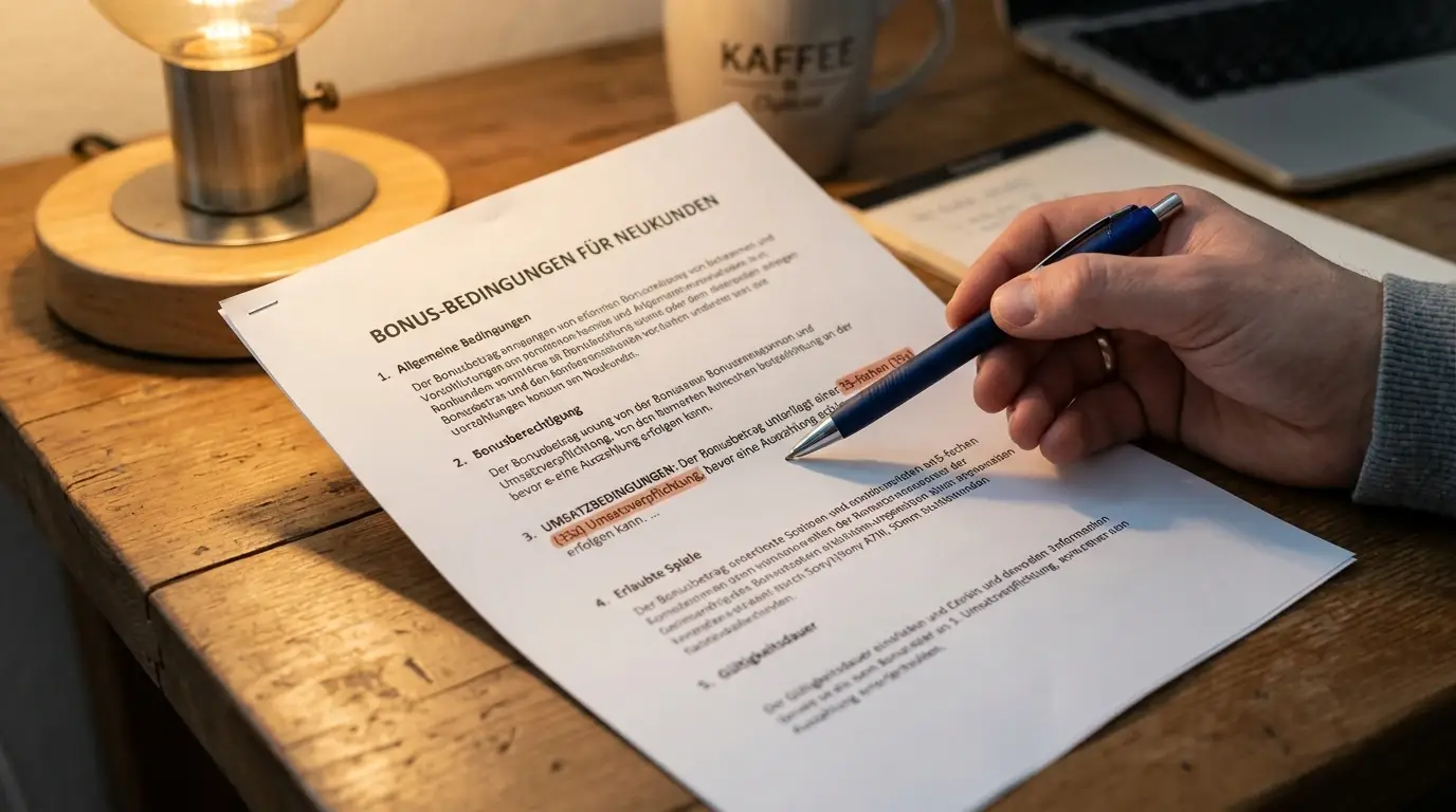 Detaillierte Aufschlüsselung von Umsatzbedingungen mit Taschenrechner und Spielregeln