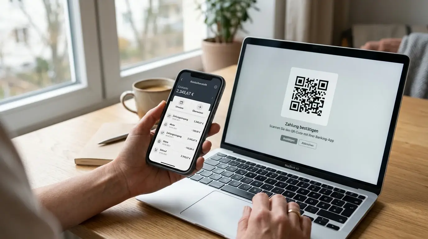 Smartphone mit neutraler Banking-App neben einem QR-Code-Zahlungsbildschirm
