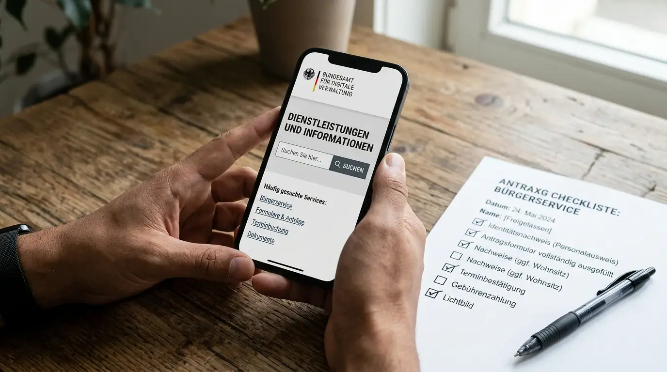 Hände halten ein Smartphone mit neutraler Behörden-Websiteschnittstelle neben einer gedruckten Checkliste