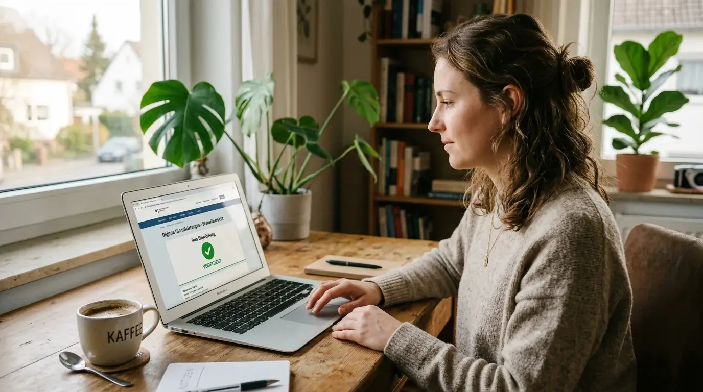 Person prüft am Laptop eine offizielle Webseite mit grünem Häkchen-Symbol