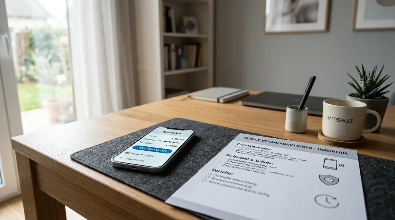 Smartphone mit generischer Bezahl-App und Ausdruck auf einem Schreibtisch