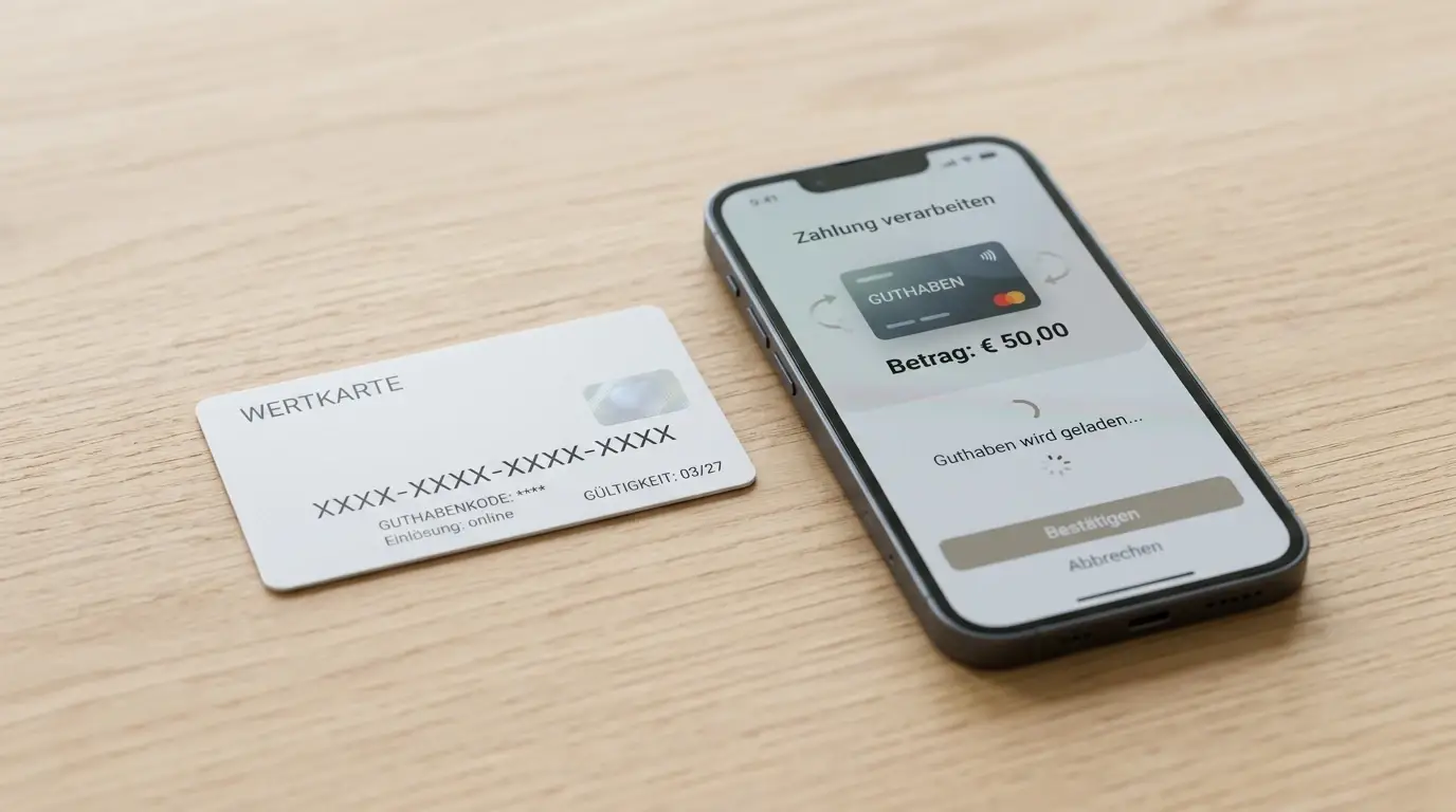 Prepaid-Voucher und Smartphone mit neutraler Zahlungsansicht auf einem Tisch
