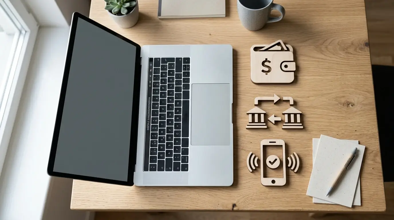 Laptop mit neutralen Symbolen für Wallet, Bank und Karte