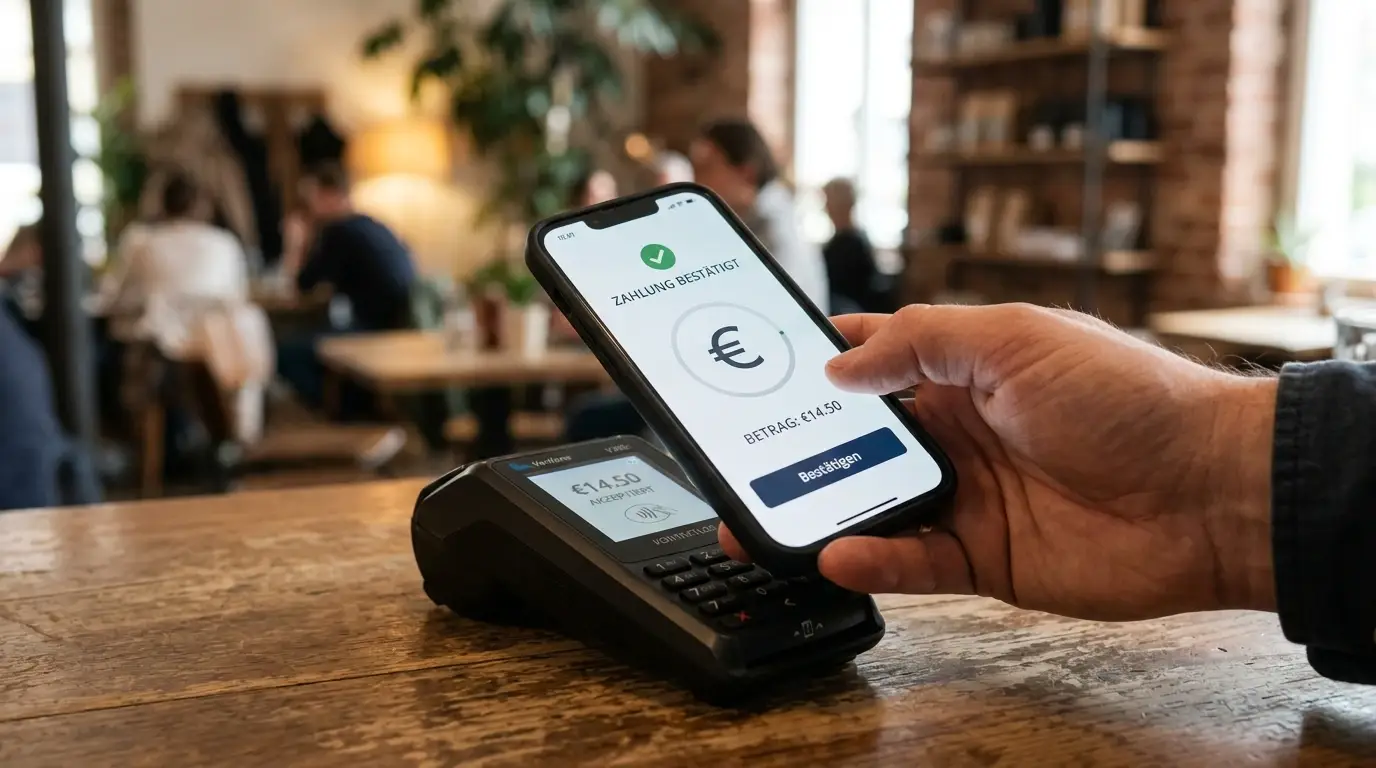 Nahaufnahme einer Hand am Smartphone bei einer digitalen Zahlung ohne erkennbare Marken