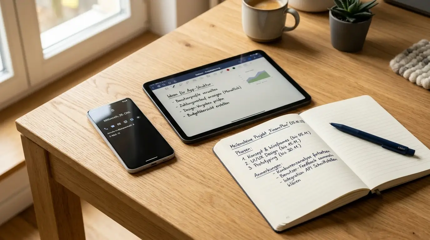 Smartphone und Tablet mit neutralen Banking-Oberflächen neben Notizbuch