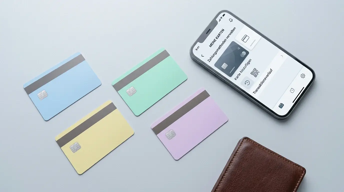 Verschiedene generische Prepaid-Karten und ein Smartphone mit geöffneter Zahlungsapp auf hellem Tisch