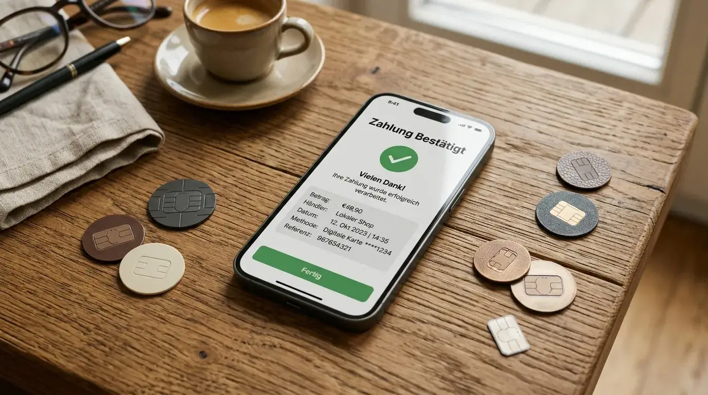 Smartphone zeigt eine neutrale Zahlungsbestätigung auf einem Holztisch mit abstrakten Chip-Token