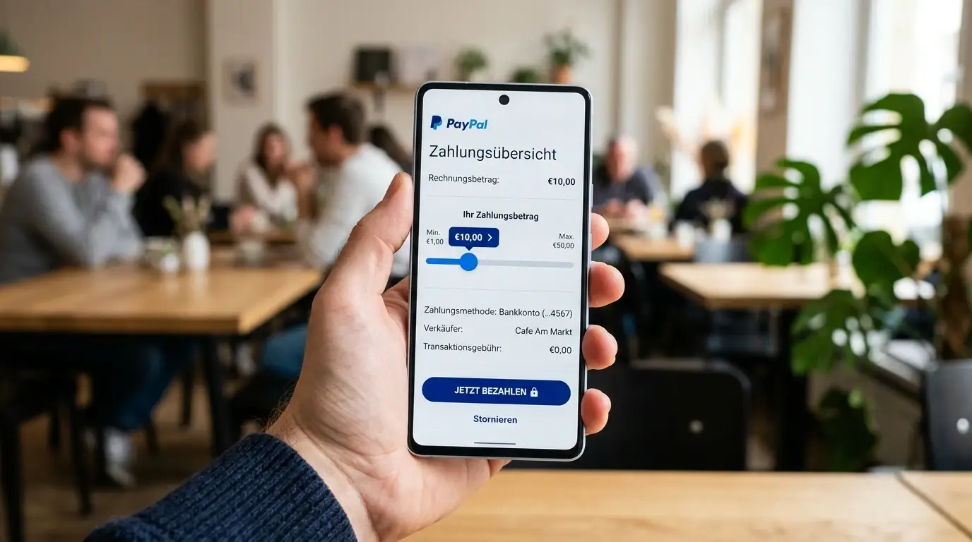 Smartphone-Screen mit PayPal-Kassenbereich und Schieberegler bei 10 Euro