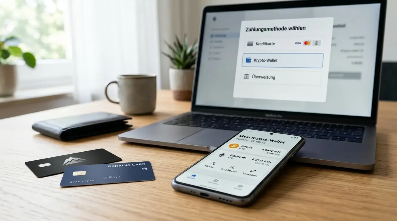 Smartphone mit Kryptowährung-Wallet und Laptop mit Zahlungsauswahl-Interface auf Schreibtisch