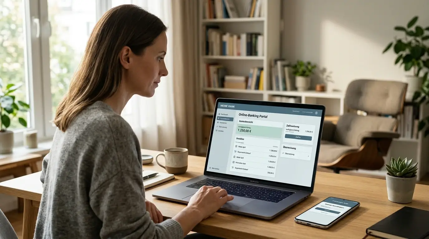 Person am Laptop mit neutraler Banking-Oberfläche