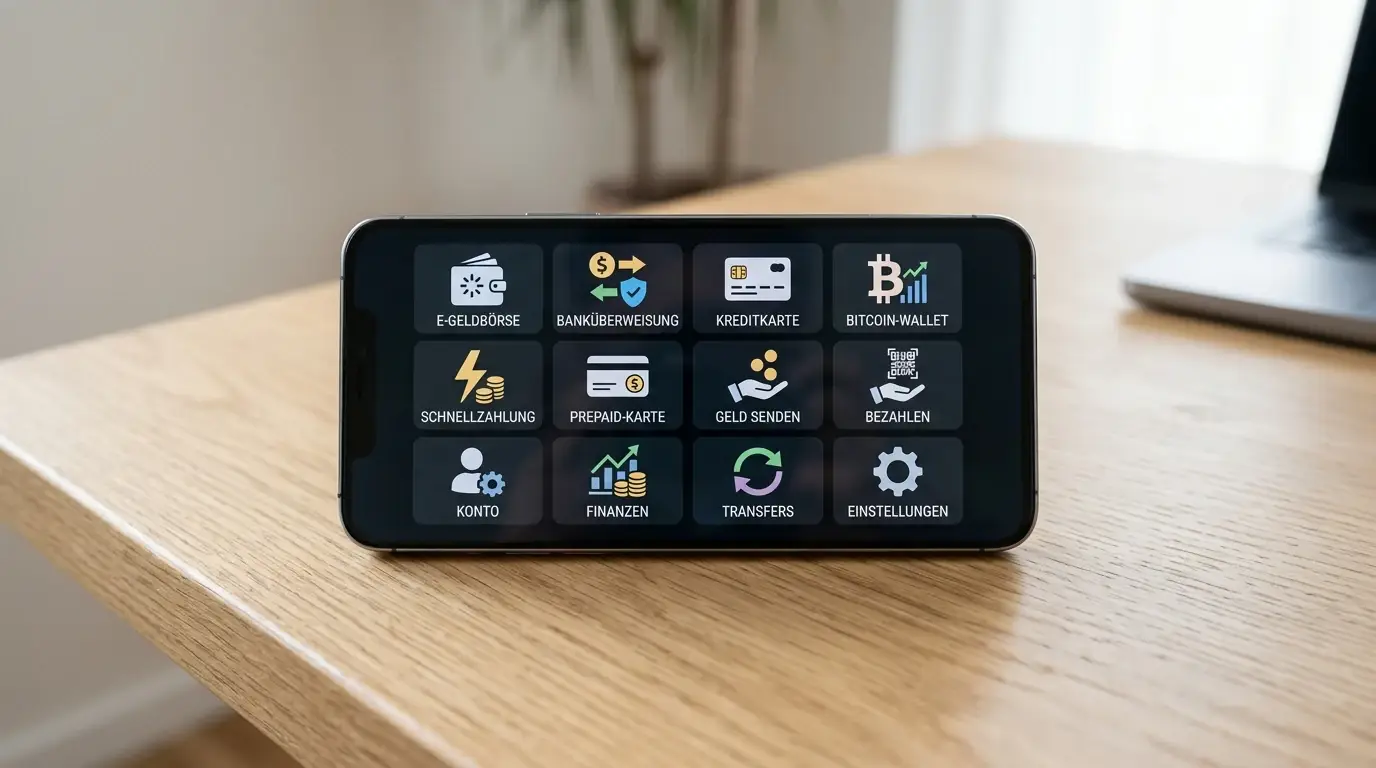 Smartphone mit verschiedenen Zahlungs-App-Icons auf dem Display