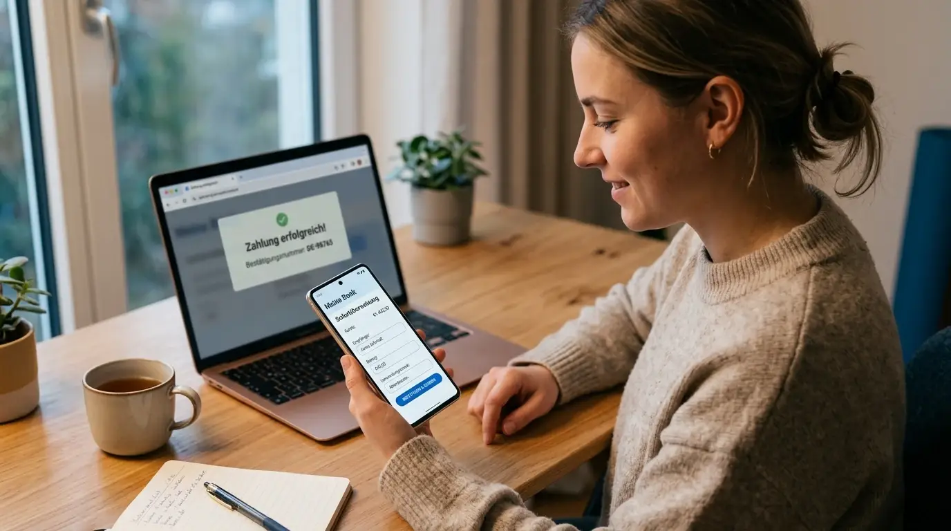 Person am Schreibtisch mit Smartphone und Banking-App für Sofortüberweisung