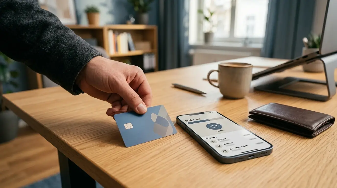 Hand legt eine generische Prepaid-Karte neben ein Smartphone mit neutraler Zahlungs-App-Oberfläche auf einen Schreibtisch