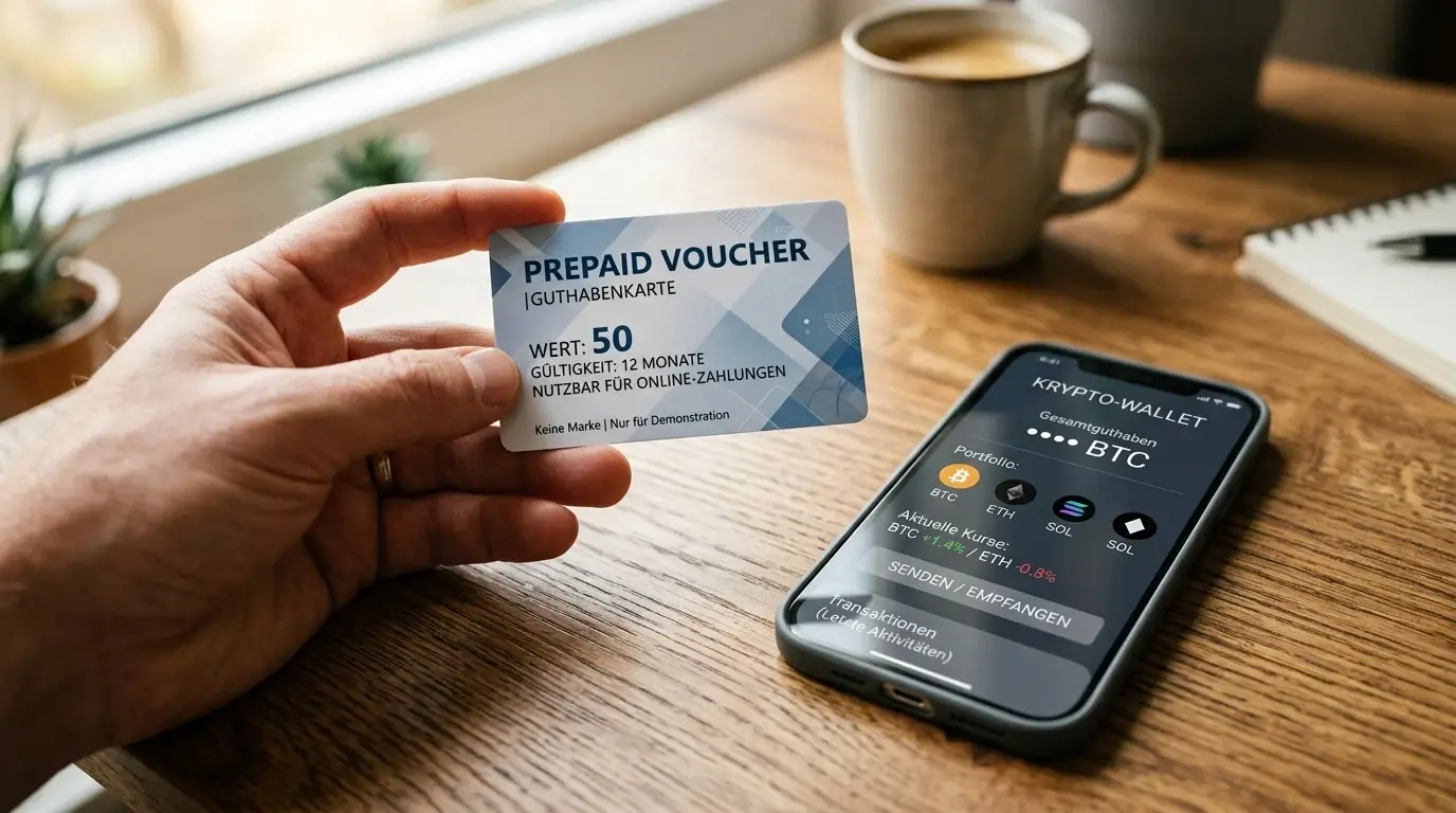 Hand hält paysafecard-Gutschein neben Smartphone mit Krypto-Wallet auf Bildschirm