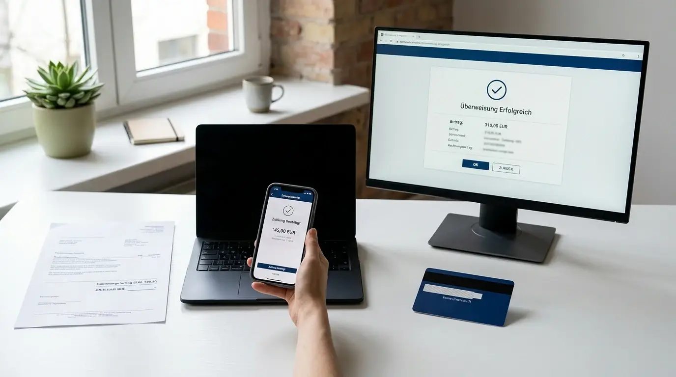 Vier neutrale Zahlungsszenarien auf einem Schreibtisch: Bankbestätigung, Rechnung, Karte und Smartphone ohne Logos