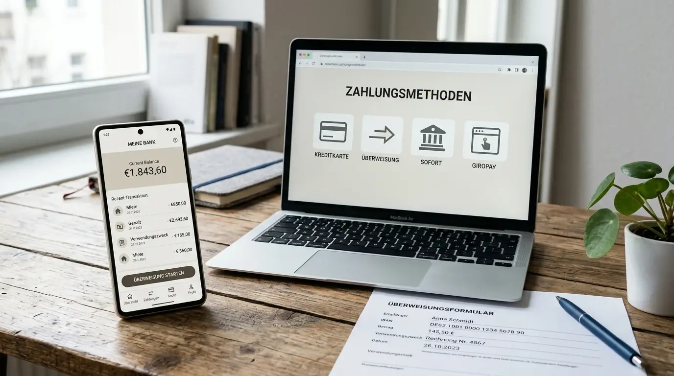 Smartphone zeigt neutrale Banking-App neben Laptop mit Zahlungsmethoden-Übersicht