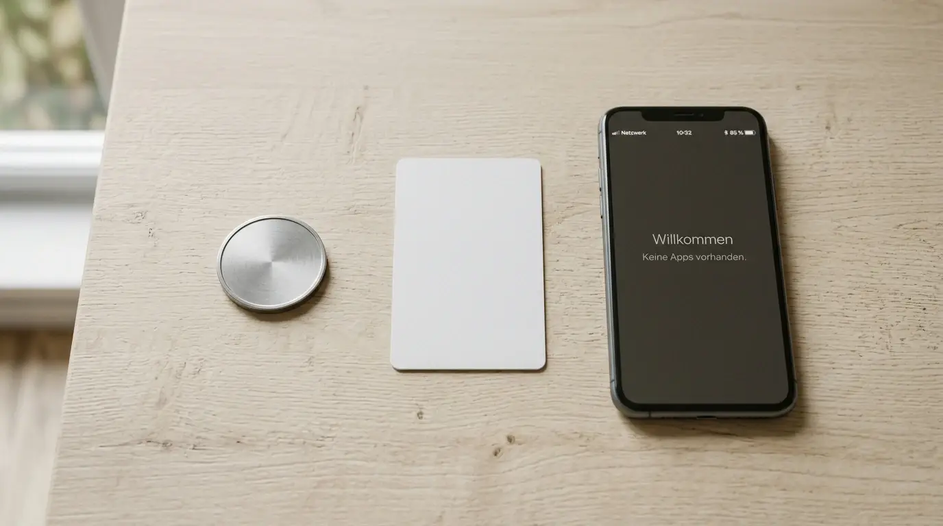 Symbolische Krypto-Münze und eine Prepaid-Karte ohne Aufdruck auf einem Tisch